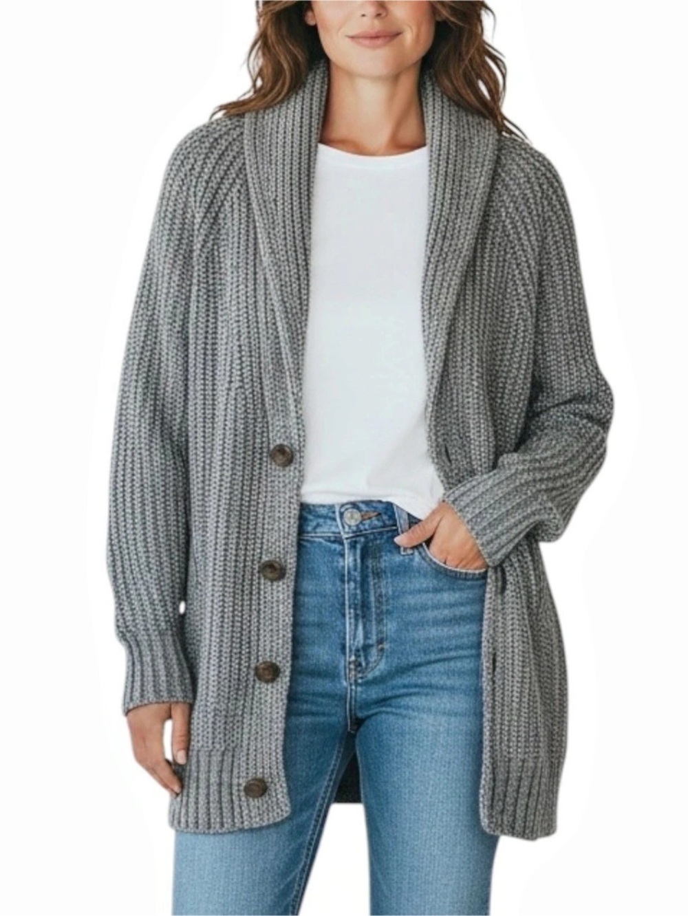 BANANA REPUBLIC Ribbed Shawl Collar Cardigan in Gray MED -- CLOSET STAPLE